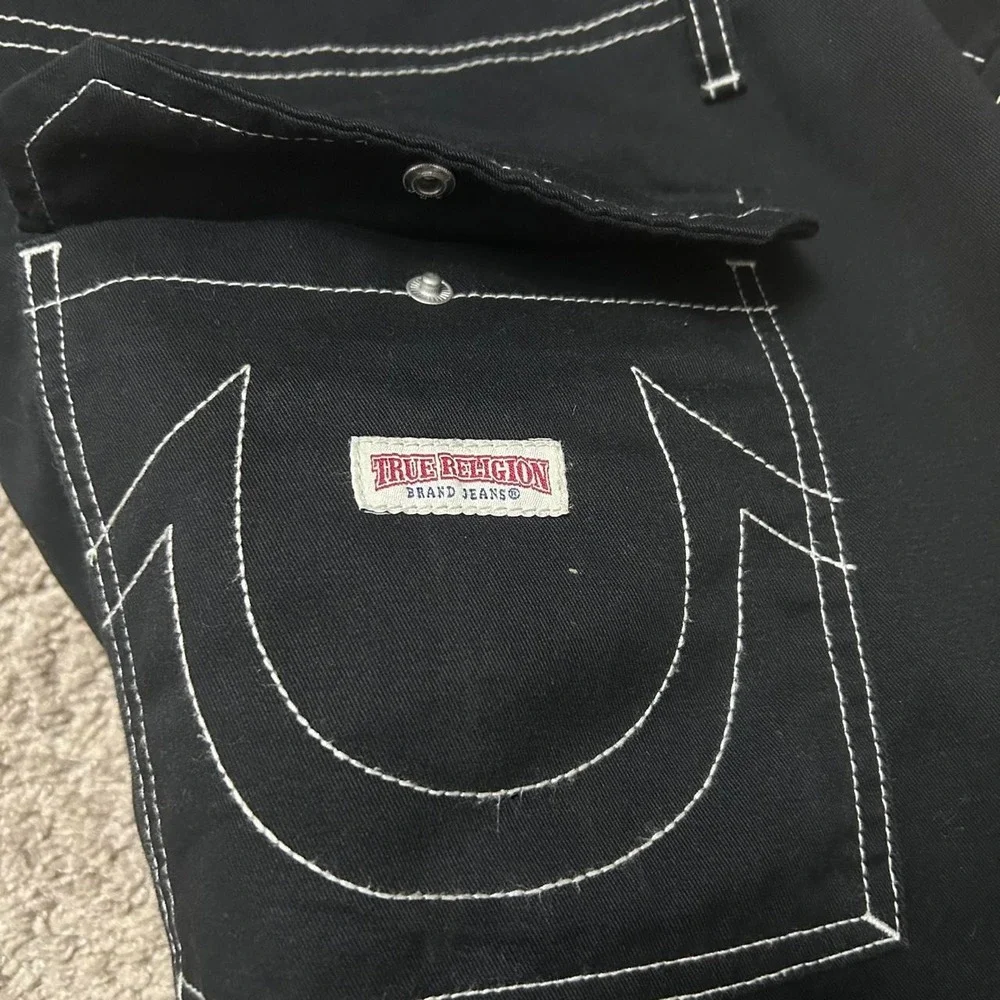 True Religion Mens Baggy Skater Cargo Pants Black White Stitch Size 40 XL